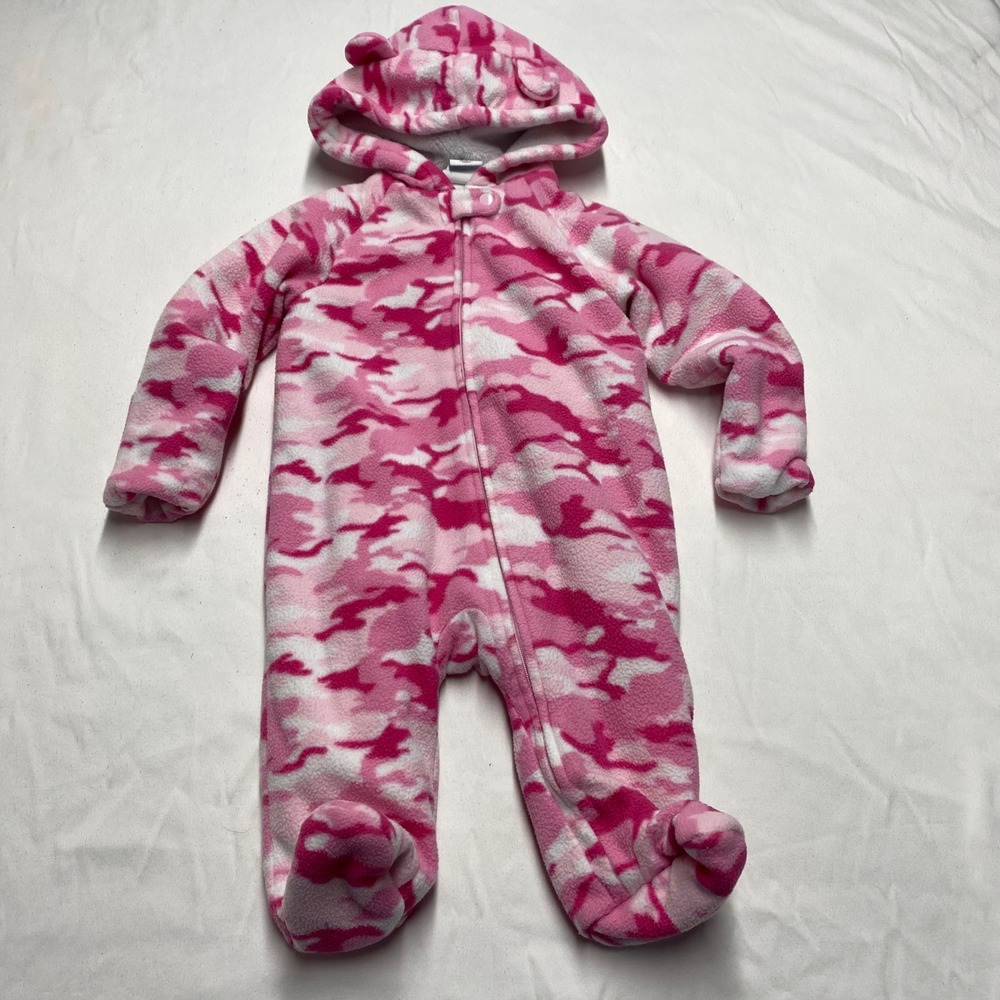 Healthtex Baby Girls Pink Camo Fleece Pram Suit Hooded Footed Bunting 3-6